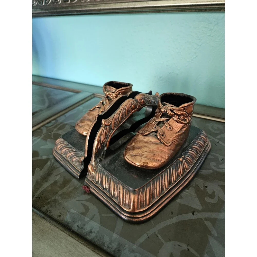 Vintage Copper Color Cast Iron Book Ends Bronze Tone Pair Of Baby Shoes Bookends